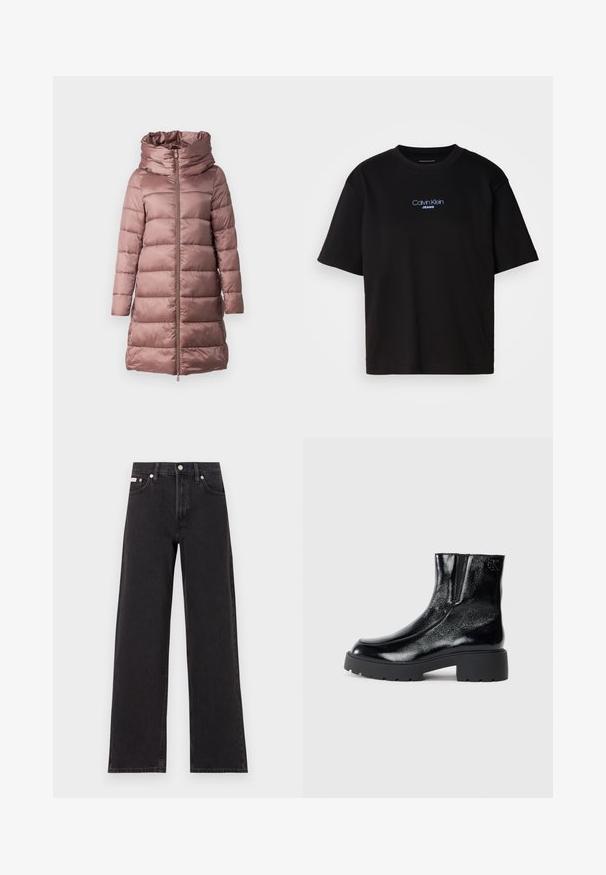 Pūkuotas paltas švelnios rožinės spalvos, su aukštu apykakle, užtrauktuku ir ilgomis rankovėmis. Lygus, blizgus audinys su profiliais siuvinėjimo elementais.; Juodas medvilnės marškinėliai su apykakle, trumpomis rankovėmis ir mėlynai siuvinėtu "Calvin Klein JEANS" logotipu priekyje.; Juodos plačios kojų džinsai, pagaminti iš džinsinio audinio, su aukštu liemeniu, penkių kišenių stiliumi ir metaline sagte su kontrastingo siuvimo detalėmis.; Juodi kulkšniniai batai su blizgia lakuota oda, storu juodu guminio pado ir pakeltu kulnu; šone yra subtilus logotipo detalė.