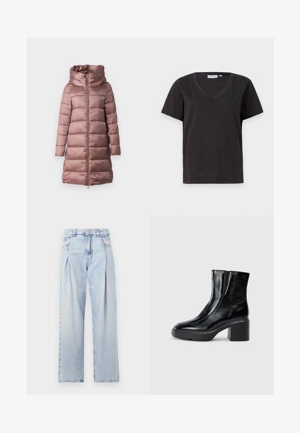 Polstret frakke i blød rosenfarve, med høj krave, lynlås og lange ærmer. Glat, skinnende stof med quiltede designelementer.; Sort bomulds T-shirt med V-hals og korte ærmer. Enkel design med regular fit og ingen mønstre eller accenter.; Lyseblå denim jeans med høj talje, bred benåbning, to sidelommer og plisseret design. Blød tekstur med et falmet finish.; Sorte patenterede læderankelstøvler med en buet tå, elastiske sidepaneler og en kraftig blokhæl. Har et præget logo på bagsiden.