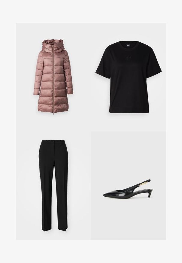Giacca imbottita di un morbido colore rosa, caratterizzata da un colletto alto, chiusura con zip e maniche lunghe. Tessuto liscio e lucido con elementi di design trapuntati.; Maglietta in cotone nera con scollatura tonda, maniche corte e logo ricamato sul petto. Design semplice e vestibilità rilassata senza motivi.; Pantaloni neri su misura con un design a gamba dritta, caratterizzati da una texture liscia e pieghe ben definite sul davanti. Senza hardware visibile.; Tacchi slingback in pelle nera con punta affusolata, caratterizzati da un tacco alto e un accento dorato sulla cinghia regolabile. Texture liscia.