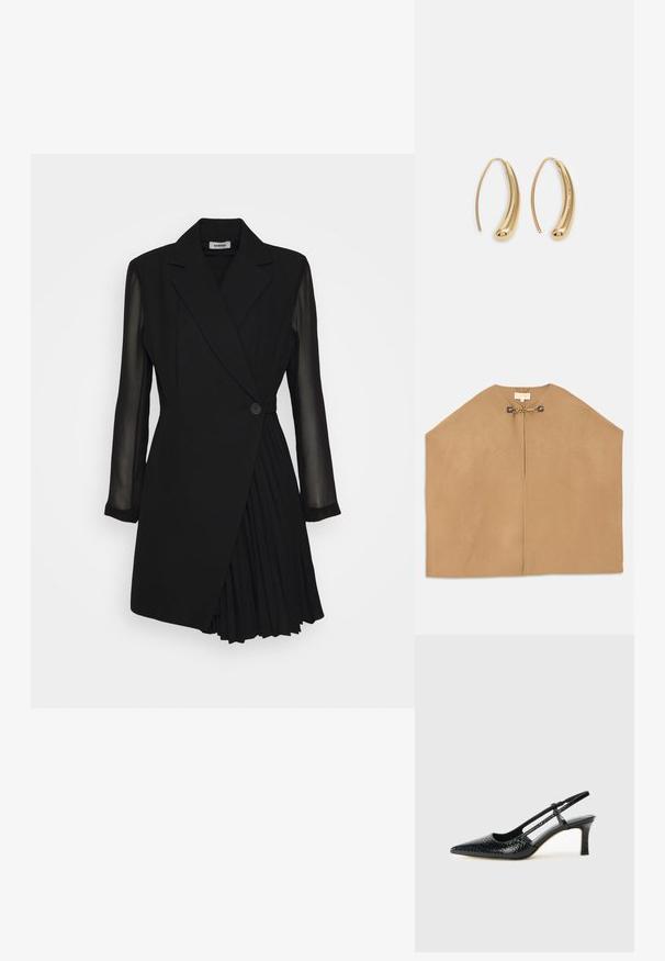 Plášť vyrobený z mäkkej camel látky, s okrúhlym výstrihom, otvoreným predným dielom a zlatými kovovými prvkami s reťazovým detailom pri uzávere. Hladká textúra.; Čierne strihové šaty s blazerovým štýlom v hornej časti, priesvitnými dlhými rukávmi, jedným gombíkom a skladanou sukňou.; Čierne patentové slingback topánky na ihlovom podpätku s špicatou špičkou, s textúrovaným hadím vzorom, nastaviteľným popruhom a krátkym, textúrovaným blokovým podpätkom.; Čierna kožená crossbody taška s dvoma prednými vreckami, zlatými sponami, zipsovým uzatváraním a úzkym popruhom. Štruktúrovaný povrch a kompaktný obdĺžnikový tvar.; Náušnice vo forme zlatých kovových kruhov s zakriveným, predĺženým tvarom. Majú hladký, lesklý povrch a zaoblený koniec pre pridanie detailu.