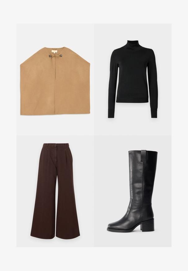 Płaszcz wykonany z miękkiego materiału camel, z okrągłym dekoltem, otwartym przodem oraz złotymi elementami ozdobnymi w postaci łańcuszka przy zapięciu. Gładka tekstura.; Czarny sweter z długim rękawem i stojącym kołnierzem, z prążkowanymi mankietami i dołem, zaprezentowany na białym tle.; Brązowe spodnie z wysokim stanem i szerokimi nogawkami, z zapięciem na guzik i zamek błyskawiczny, szlufkami na pasek oraz plisami z przodu.; Czarne skórzane botki do kolan o gładkiej fakturze, kwadratowym nosku, słupku oraz bocznym uchwycie, z minimalistycznymi detalami w postaci szwów.