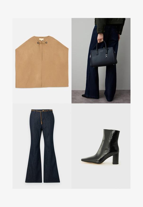 Cape in soft camel fabric, featuring a round neckline, open front, and gold hardware with chain detail at the closure. Smooth texture.; Black sleeveless turtleneck top made from soft material, featuring a high collar and a back zip closure. Simple design with no patterns or accents.; Dark denim flared jeans with a high waist, featuring a gold chain belt and contrasting stitching along the seams.; Black ankle boot made of glossy leather with a pointed toe and a chunky, square heel. Features a smooth texture and minimalistic design.; Black leather handbag with a structured design, top handles, silver hardware, and a prominent MK logo detail. Worn with dark denim pants.