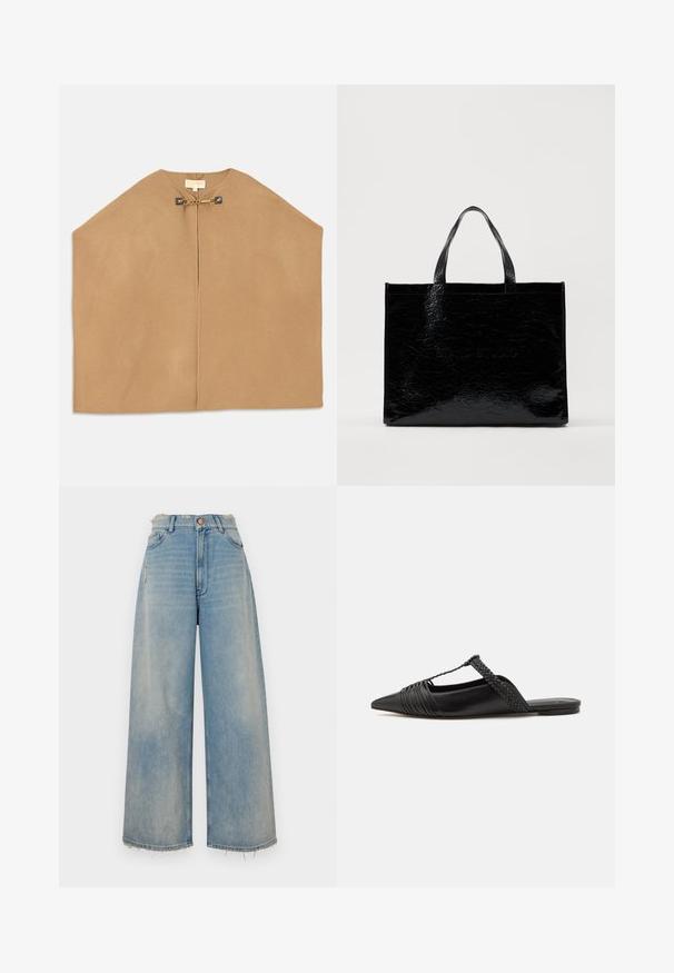 Cape en doux tissu camel, avec un col rond, une ouverture à l'avant, et une quincaillerie dorée avec un détail en chaîne au niveau de la fermeture. Texture lisse.; Chemise blanche à manches longues avec col, en coton. Présente un devant à boutons et une poche poitrine unique. Texture lisse, coupe décontractée.; Jean en denim bleu clair à jambe large avec un ourlet effiloché, cinq poches et une fermeture à bouton. Présente un léger effet vieilli sur le devant.; Chaussure en cuir noir à talon ouvert avec un bout pointu, présentant un accent tressé et un design supérieur plissé. Semelle plate avec un matériel minimal.; Sac fourre-tout noir avec une finition lisse et texturée. Il dispose de deux poignées robustes et d'un logo en relief sur le devant, de forme rectangulaire.