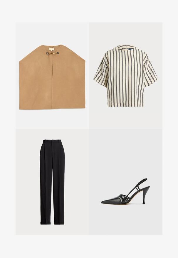 Cape en doux tissu camel, avec un col rond, une ouverture à l'avant, et une quincaillerie dorée avec un détail en chaîne au niveau de la fermeture. Texture lisse.; T-shirt à manches courtes, rayé crème et marine, présentant un col rond et un design boxy avec un tissu texturé.; Pantalons noirs ajustés à taille haute, dotés de plis à l'avant, d'une coupe droite et d'un ourlet à revers. Fabriqués en tissu lisse.; Chaussure à talon aiguille noire en cuir, avec bout pointu, design de brides entrecroisées et talon aiguille fin. Texture lisse et accents minimaux.