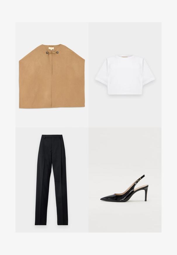 Cape en doux tissu camel, avec un col rond, une ouverture à l'avant, et une quincaillerie dorée avec un détail en chaîne au niveau de la fermeture. Texture lisse.; T-shirt blanc court en tissu doux, avec des manches courtes, un col rond et des détails en côtes sur l'ourlet. Design simple et sans embellissement.; Pantalon noir en tissu lisse avec taille haute, jambes larges, plis à l'avant et passants de ceinture classiques. Pas de poches latérales visibles.; Pompe slingback en cuir verni noir avec un bout pointu, un talon fin et un design de découpes subtil. Elle dispose d'une boucle dorée sur la sangle.