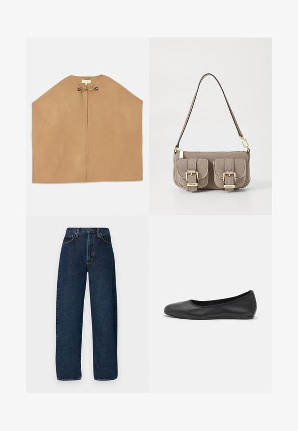 Mētelis no mīksta kamieļa auduma ar apaļu dekoltē, atvērtu priekšpusi un zelta aksesuāriem ar ķēdīti aizdarei. Gluda tekstūra.; Balta īsām piedurknēm T-krekls, izgatavots no ribota auduma. Apaļš izgriezums, regulāra piegriezuma un diskrēti šuvumu detaļas. Bez printiem vai grafikām.; Platas kāju zila džinsa bikses ar augstu jostasvietu, ar klasisku piecu kabatu dizainu un kontrastējošām šuvēm.; Melna ādas baleta kurpe ar noapaļotu purngalu, gludu tekstūru, minimālu šuvju detalizāciju un elastīgu zoles dizainu.; Bežs teksturēts roku soma ar regulējamu siksnu, divas priekšējās kabatas, kas aizveras ar sprādzēm, un zelta aksesuāriem. Augšā ar rāvējslēdzēja aizdari.