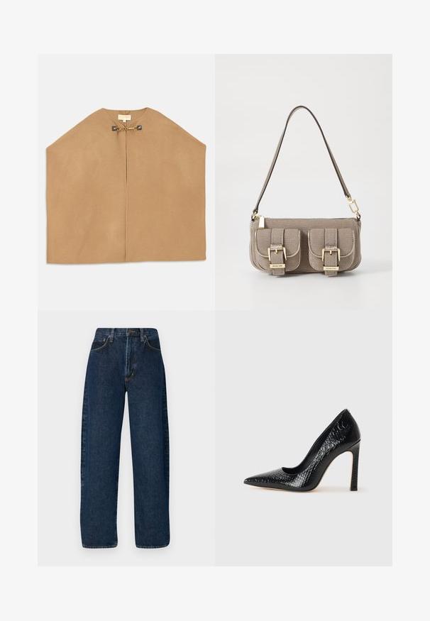 Kampsaar pehmest kamelitoonis kangast, millel on ümmargune kaelus, avatud esiosa ning kullatud kinnituse ahelaga detail. Sile tekstuur.; Valge lühikese varrukaga topp, mis on lõdva lõikega, kergest materjalist ja ümarate kaelustega. Tagantvaates on näha sujuv ja lihtne disain.; Laiad sinised denim teksad kõrge vöökohaga, millel on klassikaline viie tasku stiil ja kontrastne õmblus õmbluste ääres.; Mustan teravaotsaga kõrge kontsaga king, millel on krokodillimustriga tekstuur, stiilne disain, kõrge stilettokonts ja sile must sisesisustus.; Beez tekstuuriga käekott reguleeritava rihmaga, kahe esikoti ja lukuga, mis on kindlustatud pandlatega, ning kuldsete detailidega. Ülemine luku sulgemine.