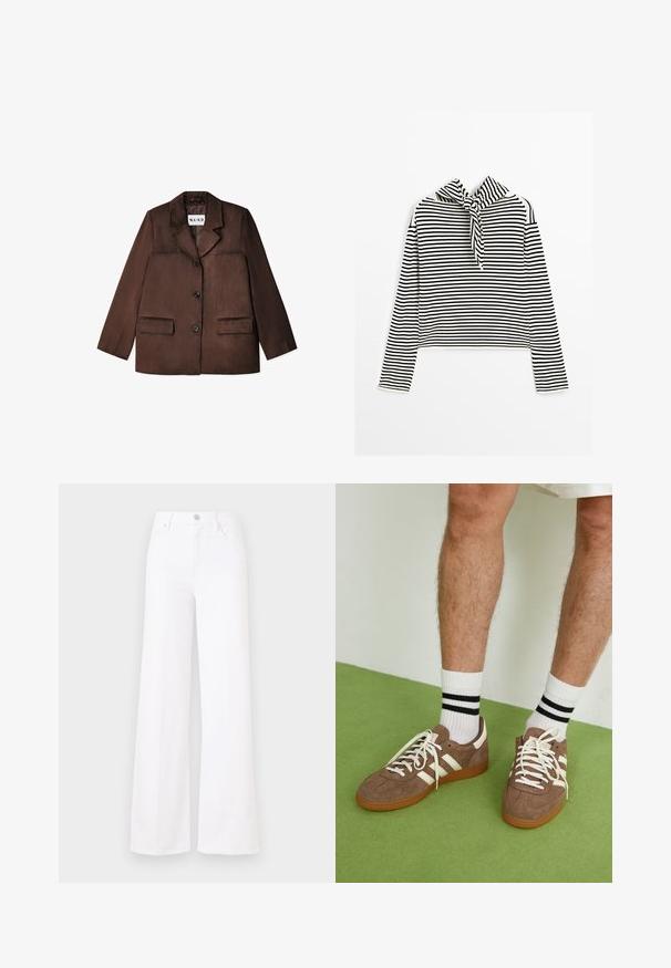 Blazer marrone realizzato in un materiale liscio, con rever a notchy, chiusura con un solo bottone e due tasche frontali. Finitura testurizzata.; Massimo Dutti STRIPED WITH REMOVABLE BANDANA - Maglione - beige; Jeans bianchi a gamba larga in denim, caratterizzati da vita alta, chiusura con bottone frontale e quattro tasche. Texture liscia senza motivi visibili.; Sneaker in suede marrone con dettagli e lacci bianchi. Suola in gomma color gomma. Indossati con calzini bianchi con righe nere. Pavimento verde texturizzato.