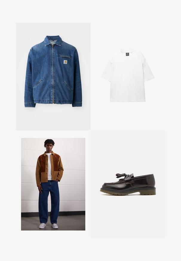 Jeans jakna u srednje plavoj boji s patentnim zatvaračem sprijeda, ovratnikom u obliku točke, dva bočna džepa i jednim džepom na prsima s kvadratnom logotipom.; Bijela majica kratkih rukava od pamuka, s okruglim izrezom i opuštenim krojem sa ravnim rubom. Bez uzoraka ili ukrasa.; Muškarac stoji unutra odjeven u smeđi široki šal s hrđavim mrljama, bijelu majicu, labave plave traperice i bijele tenisice.; Smeđe kožne mokasine s tkanim dizajnom, detaljem od resica i ravnim gumiranim potplatom. Imaju glatku završnu obradu i kontrastno šivanje.