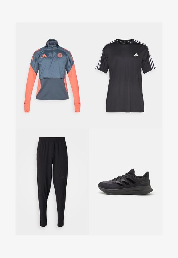 Pull en demi-zip fabriqué en tissu lisse et léger. Corps bleu foncé avec des manches et des accents corail. Logo sur la poitrine. Manches longues.; T-shirt noir à manches courtes avec un design à trois bandes blanches sur les épaules et un logo sur la poitrine. Fabriqué en tissu respirant, texture lisse.; Pantalons de sport noirs avec une taille élastique, design fuselé, poches latérales et détail de logo subtil. Fabriqués en tissu flexible et respirant.; Chaussure de sport noire avec dessus en tissu texturé, semelle en caoutchouc et trois rayures noires brillantes sur le côté. Bout arrondi et talon rembourré.