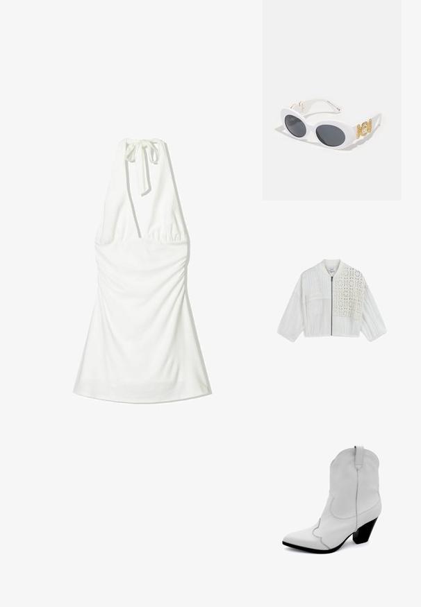 Veste blanche courte avec un mélange de matériaux texturés, une fermeture éclair sur le devant et un motif au crochet détaillé d'un côté.; Haut halter blanc avec un col à nouer, doté d'un tissu froncé au niveau du corsage et d'une partie inférieure fluide. Texture lisse sans motifs ni accents.; Bottes de cowboy blanches en cuir avec un bout pointu, des détails de couture courbes et un petit talon carré noir. Elles disposent d'une languette à l'arrière.; Lunettes de soleil ovales blanches avec des verres foncés, comportant des éléments en or et des accents décoratifs sur les branches. Matériau plastique lisse.
