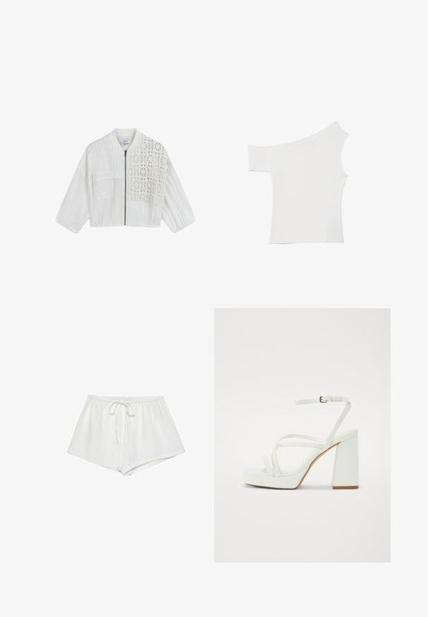 Biała krótka kurtka z mieszanką teksturowanych materiałów, z zamkiem błyskawicznym z przodu oraz szczegółowym wzorem szydełkowym z jednej strony.; Asymetryczna biała bluzka wykonana z gładkiego materiału, z jednym krótkim rękawem i jednym odkrytym ramieniem, o czystym, minimalistycznym wyglądzie.; Białe bawełniane szorty mają elastyczny pas ze sznurkiem, luźny krój i gładką teksturę. Brzeg szortów jest prosty, bez dodatkowych wzorów czy akcentów.; Białe sandały na platformie z grubym słupkowym obcasem, z wieloma cienkimi paskami i regulowanym paskiem wokół kostki. Gładki materiał syntetyczny.