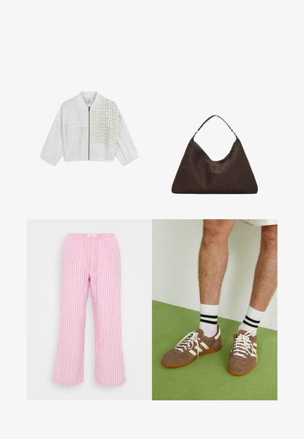 Weiße, kurze Jacke aus einer Mischung strukturierter Materialien, mit einem Reißverschluss vorne und einem detaillierten Häkelmuster auf einer Seite.; Weißes ärmelloses geripptes Tanktop mit Rundhalsausschnitt, kombiniert mit grauen hoch sitzenden Jeans mit Taschen und Knopfverschluss.; Rosa gestreifte Hose mit elastischem Bund, leichtem Stoff, weitem Bein und glatter Textur. Vertikale Streifen in Weiß.; Braune Wildleder-Sneaker mit weißen Akzenten und Schnürsenkeln. Gummisohle in Kautschuk-Optik. Getragen mit weißen Socken, die schwarze Streifen haben. Grüner strukturierter Fußboden.; Braune, geflochtene Lederhandtasche mit einer lässigen, dreieckigen Form. Verfügt über einen geflochtenen Griff und einen Reißverschluss an der Oberseite.