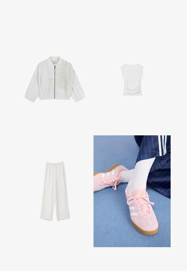 White cropped jacket featuring a mix of textured materials, a front zipper, and a detailed crochet pattern on one side.; White short-sleeve top with a round neckline. Features gathered texture along the sides and a fitted silhouette, made from soft, stretchy material.; White wide-leg trousers made from a lightweight fabric. Features an elastic waistband with a drawstring and side pockets. Smooth texture.; Light pink suede sneakers with white stripes and laces, featuring a textured tongue and a gum sole, placed on a blue carpet.