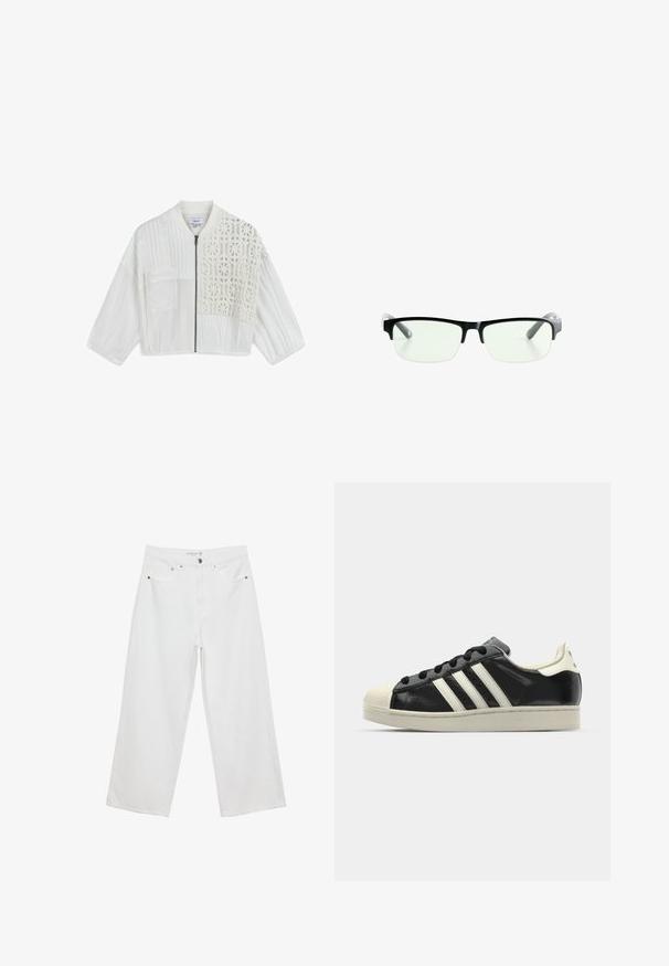 Biała krótka kurtka z mieszanką teksturowanych materiałów, z zamkiem błyskawicznym z przodu oraz szczegółowym wzorem szydełkowym z jednej strony.; Dwa t-shirty z krótkim rękawem, jeden biały i jeden czarny, wykonane z bawełny. Oba mają okrągły dekolt i prosty, klasyczny design.; Białe spodnie dżinsowe w stylu szerokich nogawek z wysokim stanem, wyposażone w pięć kieszeni i metalowe akcenty. Gładka struktura, bez widocznych wzorów.; Czarne skórzane trampki z białymi paskami, gumowym czubkiem, czarnymi sznurówkami i kremową podeszwą. Gładka faktura z połyskującym wykończeniem.; Czarne prostokątne okulary z przezroczystymi soczewkami, posiadające eleganckie czarne oprawki i szare transparentne końcówki zauszników. Minimalistyczny design, bez widocznego logo.