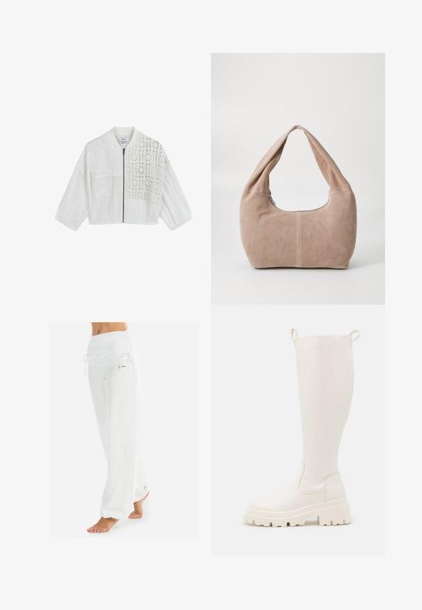 Veste blanche courte avec un mélange de matériaux texturés, une fermeture éclair sur le devant et un motif au crochet détaillé d'un côté.; Top sans manches blanc avec bretelles réglables, design ajusté, texture de tissu lisse et encolure ronde. Aucun motif ni détail matériel.; Pantalons blancs amples avec une taille froncée et un cordon de serrage. Texture lisse avec des coutures latérales, conçus pour le confort et la mobilité.; Bottes en caoutchouc blanches jusqu'aux genoux avec une semelle épaisse et des panneaux élastiques sur les côtés. Elles sont dotées de languettes en haut pour un enfilage facile. Texture lisse.; Sac hobo en matériau suédé doux de couleur beige clair. Présente une forme arrondie avec une large sangle et une fermeture éclair.