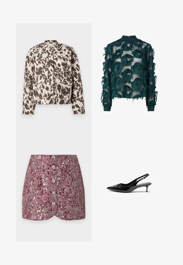 Prešívaná bunda z ľahkej látky s odvážnym hnedo-smotanovým rozptýlením, stojatým golierom a dvoma prednými vreckami.; Tyrkysová priesvitná blúzka s textúrovanými, roztrhnutými kruhovými vzormi, vysokým výstrihom a dlhými rukávmi s rovnomerným lemom. Zapínanie na kľúčovú dierku na chrbte.; Ružová sukňa s flitrami a textúrovaným tkaním, vybavená priliehavým strihom a piatimi striebornými gombíkmi po celej prednej časti. Tvarovaný spodný lem a trblietavé akcenty.; Čierne kožené slingback podpätky s ostrou špičkou, malým podpatkom a dekoratívnym uzlom vpredu. Hladký povrch po celom obvode.