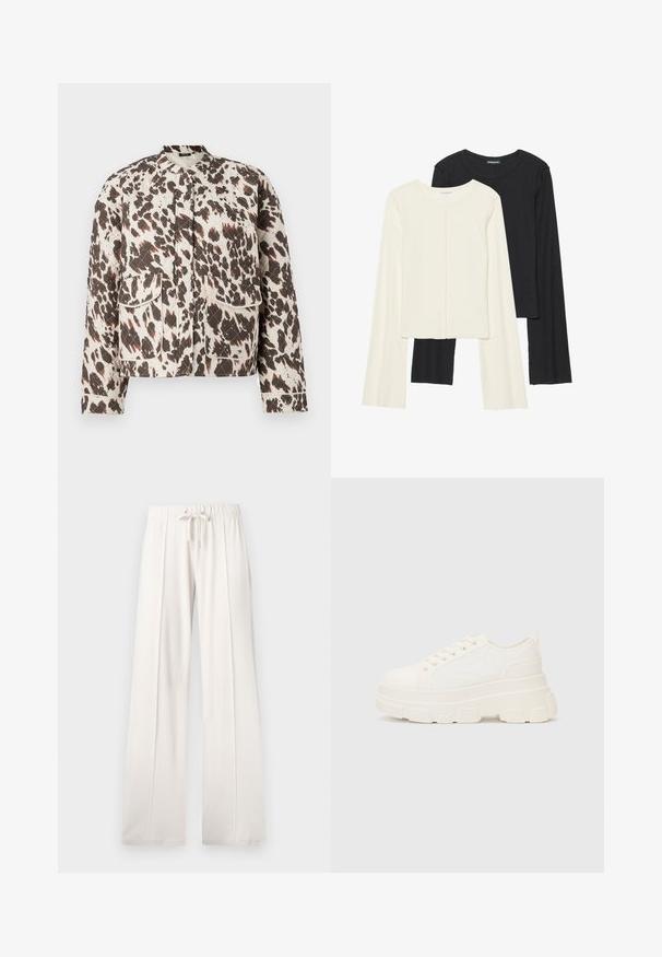 Vatelin dzseki könnyű anyagból, merész barna és krémszínű fröccsentett mintával, állógallérral és két elülső zsebből álló folttal.; Két darabból álló hosszú ujjú felsők szettje fehér és fekete színben. Bordás textúra, kerek nyakkivágás, testhez simuló fazon, enyhén bővülő ujjakkal.; Világos bézs színű, puha anyagból készült melegítőnadrág, állítható derékkal, széles lábakkal és függőleges varratokkal, sima felülettel.; Fehér vászon sportcipő vastag talppal, lekerekített orral és öt fűzőlyukkal. Hátulján egy fül a könnyű felvétel érdekében. Simára kidolgozott textúra, minimális dizájn.
