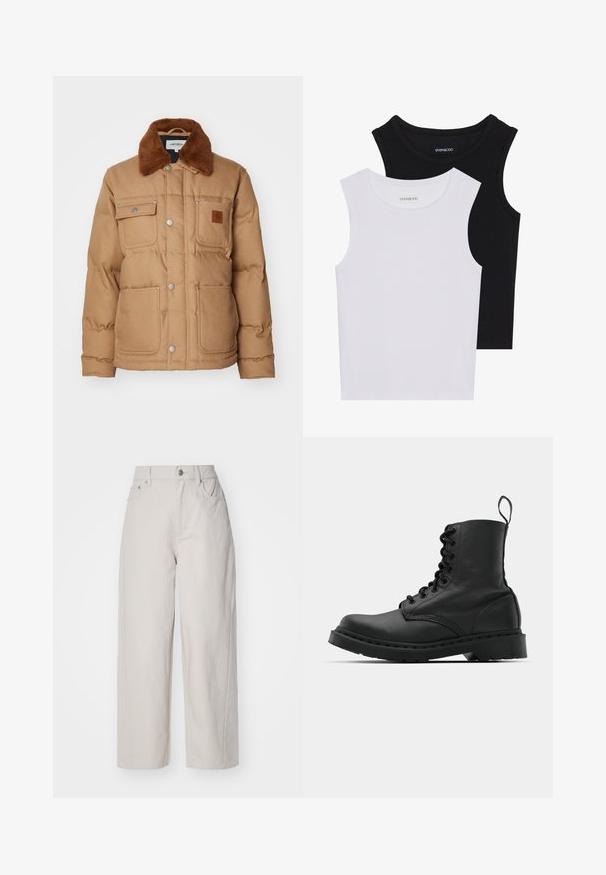 Carhartt WIP RAYLEY jasny brąz; Dwie bezrękawniki w kolorze czarnym i białym, wykonane z prążkowanej bawełny, z okrągłymi dekoltami i dopasowanym fasonem. Widoczne etykiety na obu.; Beżowe spodnie bawełniane o szerokich nogawkach, z wysokim stanem, zapinane na guzik i zamek, z czterema kieszeniami; gładka tekstura z wykończeniem denimowym.; Czarne skórzane buty wojskowe z okrągłym noskiem, sznurowanym przodem i pętelką przy kostce. Posiadają grubą gumową podeszwę dla zwiększenia trwałości.