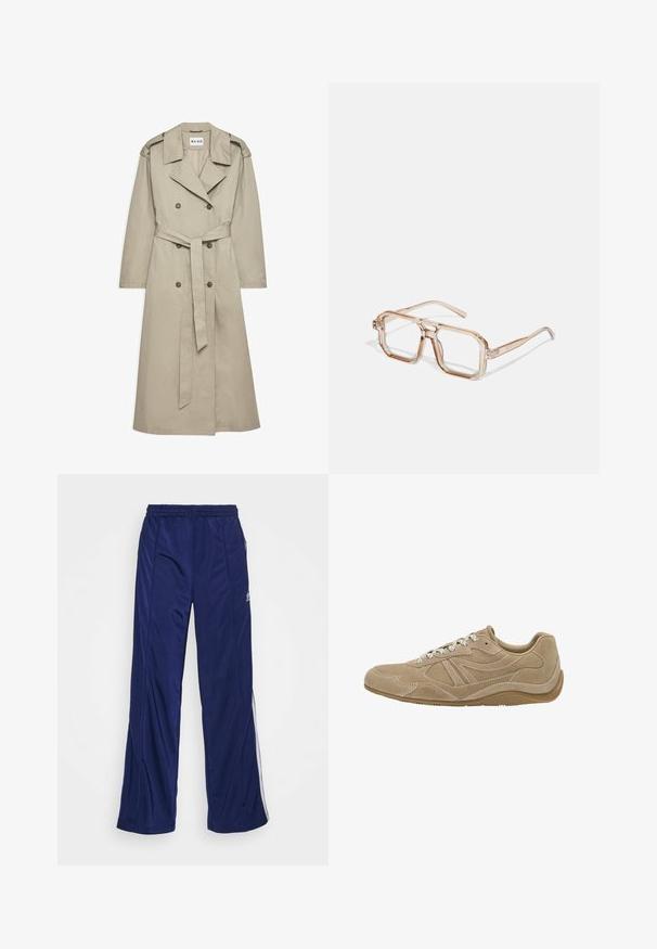 Beżowy płaszcz typu trencz wykonany z lekkiego materiału. Posiada podwójne guziki, paski w talii oraz kołnierz z naramiennikami.; Jasnoniebieska, długosleeve koszula z teksturowanej tkaniny, z otwartym przodem i subtelnym kołnierzykiem. Posiada mankiety z zapięciem oraz luźny krój.; Granatowe spodnie sportowe z elastycznym pasem, prostymi nogawkami i bocznymi zamkami. Posiadają białe lamówki po bokach. Gładka faktura materiału.; Beżowe zamszowe sneakersy o niskim profilu, teksturowanej powierzchni i białych sznurowadłach. Posiadają zaokrąglony kształt i gumową podeszwę zapewniającą przyczepność.; Przezroczyste sześciokątne okulary w jasnobrązowych odcieniach; grube, przezroczyste oprawki i smukłe zauszniki; brak widocznych logo lub wzorów.; Oliwkowa skórzana torebka o gładkiej fakturze, zaokrąglonym kształcie, podwójnych uchwytach na górze i detalach w postaci metki bagażowej. Akcenty w złotym kolorze.
