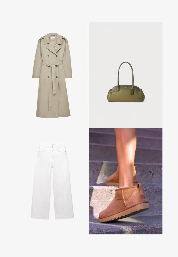 Beige trench coat, joka on valmistettu kevyestä kankaasta. Siinä on kaksiriviset napit, vyöllinen vyötärö ja kaulus, jossa on olkalaput.; Vaaleansininen, pitkähihaisessa paidassa on teksturoitu kangas, avoin etuosa ja hillitty kaulus. Siinä on kynsikuvat hihat ja rento leikkaus.; Valkoiset leveälahkeiset farkut, jotka on valmistettu puuvillasta, sisältävät korkeavyötärön, viisi taskua ja messinkiset yksityiskohdat. Sujuva, ei kulutettu pinta.; Kahdenruskeat mokkanahkaiset nilkkurit, joissa on pehmeä pinta, kirjailtua yksityiskohtaa ja kumipohja. Kengissä on myös kätevä lenkki kantapäässä, joka helpottaa pukemista.; Oliivinvihreä nahkalaukku, jossa on sileä pinta, pyöreä muoto, kaksinkertaiset yläkahvat ja matkalaukun tagi -yksityiskohta. Kultaiset yksityiskohdat.