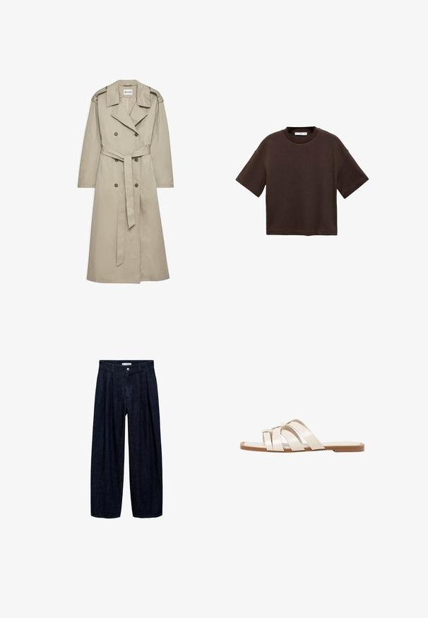 Bežový trench coat vyrobený z ľahkej tkaniny. Má dvojradové gombíky, opasok v páse a golier s ramennými epauletami.; Hnedé tričko s krátkym rukávom vyrobené z mäkké bavlny. Má okrúhly výstrih a voľný strih, s hladkou textúrou a bez viditeľných vzorov.; Tmavé džínsy s širokými nohavicami a pregibmi v páse, s predným gombíkom a pútkami na opasok. Hladká textúra a celodlhý strih.; Ploché sandále s hnedou gumovou podrážkou, navrhnuté s tromi prekrývajúcimi sa bielymi koženými popruhmi a malou mašličkou uprostred.