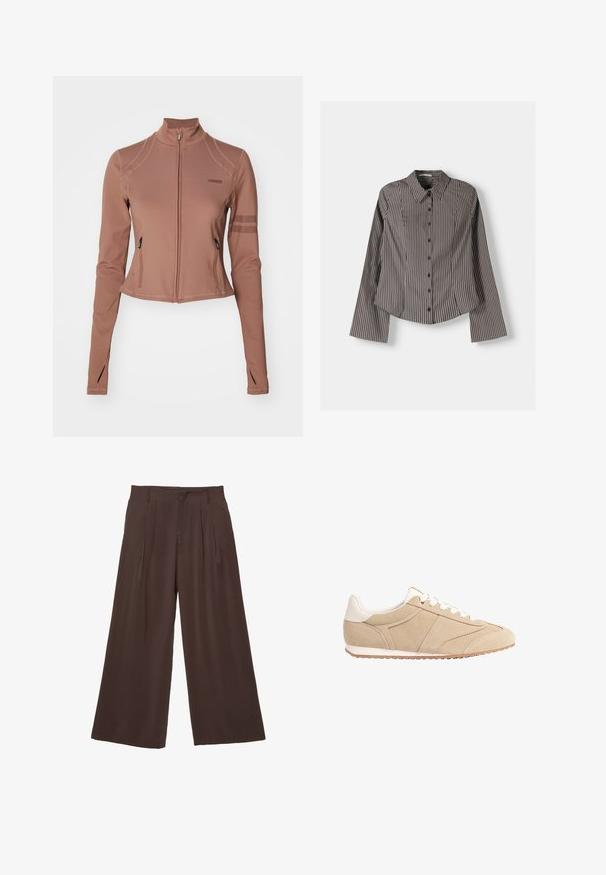 Ruskea vetoketjullinen urheilu takki, jossa on pitkät hihat, sivutaskut, korkeakauluksinen ja verkkokankaiset yksityiskohdat ylähihoissa.; Raitapaita ruskeana ja valkoisena, jossa on pitkät hihat, terävä kaulus ja kaareva helma. Rakenteellinen kangas, jossa on pystyraidat.; Leveledek pants in tummanruskeasta kankaasta, joissa on kaksi etuhahloa, sileä pinta ja yksinkertainen muotoilu vyölenkeillä.; Stradivarius Matalavartiset tennarit - beige