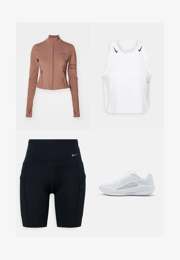 Pruun zip-up sportlik jakk pika varrukaga, küljetaskute, püsti seisva krae ja võrkmaterjaliga aktsentidega ülemistel käsivartel.; Valge varrukateta t-särk, mis on valmistatud kergest kangast, mustade Nike logo detailidega õlgadel, ümmarguse kaelusega ja vabalt kulgev sobivus.; Mustad kõrge vöökohaga sportlikud lühikesed püksid, valmistatud venivast materjalist; külgedel on taskud ja vööl väike Nike logo.; Valge sportlik king, millel on võrgusilmast ülemine osa, ümar varvas ja tekstureeritud tallad. Omab hõbedast Nike logo ja minimalistikku disaini.