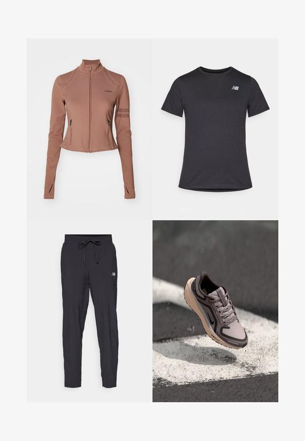 Smeđa jakna za sport s dugim rukavima i patentnim zatvaračem, koja ima bočne džepove, stojeći ovratnik i mrežaste detalje na gornjim rukavima.; Crna majica s kratkim rukavima napravljena od mekanog materijala, s malim sivim New Balance logotipom na gornjem lijevom dijelu prsnog koša, klasičnog dizajna s kružnim izrezom.; Crne trenirke izrađene od laganog materijala s elastičnim pojasom i podesivom šniranjem. Imaju mali logo sa strane.; Svijetlopurpurene atletske cipele s sivim detaljima, višenamjenski sintetički gornji dio, vezice i bež potplat s vidljivim uzorkom tanke.