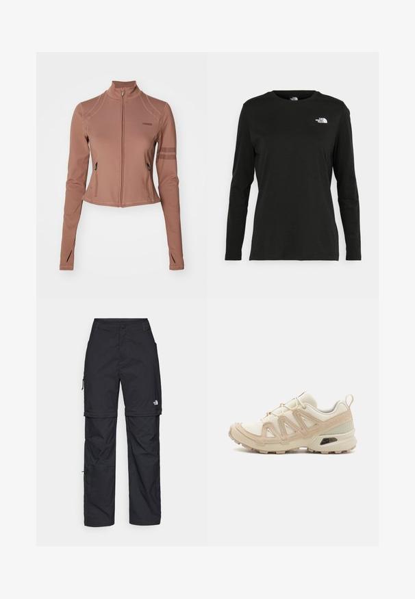 Braune Sportjacke mit Reißverschluss und langen Ärmeln, mit seitlichen Taschen, einem Stehkragen und Mesh-Einsätzen an den Oberarmen.; Schwarzes Langarm-T-Shirt aus Baumwolle mit Rundhalsausschnitt. Verfügt über ein kleines weißes Logo auf der linken Brustseite. Einfaches Design und Passform.; Schwarze Nylon-Zip-Off-Cargohosen mit verstellbaren Bündchen, mehreren Taschen und einem Logo am rechten Bein. Glatte, leichte Textur.; Beige und cremefarbenen Sportschuh mit strukturiertem Mesh-Obermaterial, unterstützenden Überzügen und Gummisohle mit einem Profilmuster für Bodenhaftung.