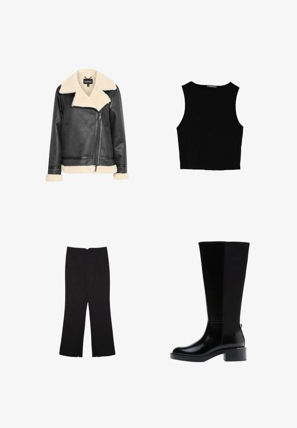 Schwarze Lederjacke mit einem krämfarbenen Kunstfellkragen und -manschetten, ausgestattet mit einem Reißverschluss und Seitentaschen. Glatte Textur mit einem strukturierten Design.; Schwarzes ärmelloses Crop-Top aus glattem Stoff, mit rundem Ausschnitt und einem klaren, schlichten Design ohne Muster oder Beschläge.; Schwarze Hose mit geradem Schnitt, ausgestattet mit Fronttaschen und Seitenschlitzen am Saum. Hergestellt aus weichem, glattem Stoff. Geeignet für verschiedene Anlässe.; Schwarzer kniehoher Stiefel aus glattem Leder, mit markanten Nähten, klobigem Absatz und einer strukturierten Rückseite für zusätzlichen Akzent.