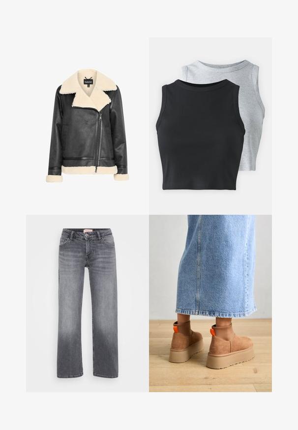 Črna usnjena jakna s kremastim umetnim krznom na ovratniku in zapestjih, z zadrgo in stranskimi žepi. Gladka tekstura s strukturiranim dizajnom.; Even&Odd Petite 2 PACK - Top - light grey/black; Sivi traper hlače s ravnim krojem, pet žepov, rahlo zbledelo in z gumbom za zapiranje pri pasu.; Rjave suede platform čizme z elastičnimi stranskimi paneli in oranžnimi zankami, v kombinaciji s svetlobno denim krilom do kolen na lesenem tleh.