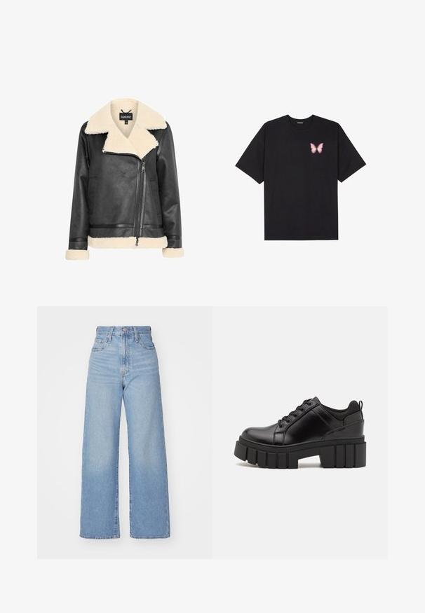 Zwarte leren jas met een crèmekleurige nepbont kraag en manchetten, voorzien van een ritssluiting en zijzakken. Gladde textuur met een gestructureerd ontwerp.; Zwarte katoenen t-shirt met korte mouwen, voorzien van een kleine roze vlinder graphic op de linkerkant van de borst. Crew neck ontwerp met een relaxte fit.; Lichtblauwe high-waist wijde jeans met een knoop- en ritssluiting aan de voorkant, voor- en achterzakken, op een witte achtergrond.; Zwarte leren platform schoenen met een stevige blokhak, ronde neus en een traditionele vetersluiting. Kenmerkt zich door een gladde textuur en minimale details.