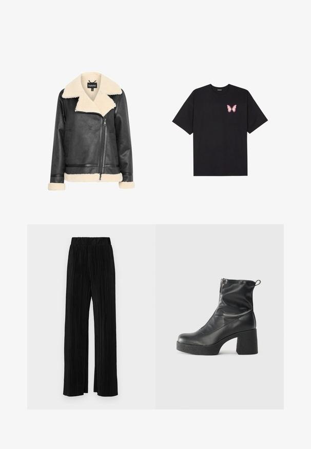 Crna kožna jakna s kragnom i manžetama od krem fake krzna, s patent zatvaračem i bočnim džepovima. Glatka tekstura s strukturiranim dizajnom.; Crna pamučna majica s kratkim rukavima, s malim grafičkim prikazom ružičaste vjetricaste s desne strane na prsima. Dizajn s okruglim izrezom i opuštenim krojem.; Crne plisirane hlače s elastičnim pojasom. Imaju široke nogavice i glatku, teksturiranu tkaninu s vertikalnim prugama.; Crne gležnjače od glatke kože, s bočnim zatvaračem, debelim teksturiranim potplatom i dizajnom s zaobljenim prstima.
