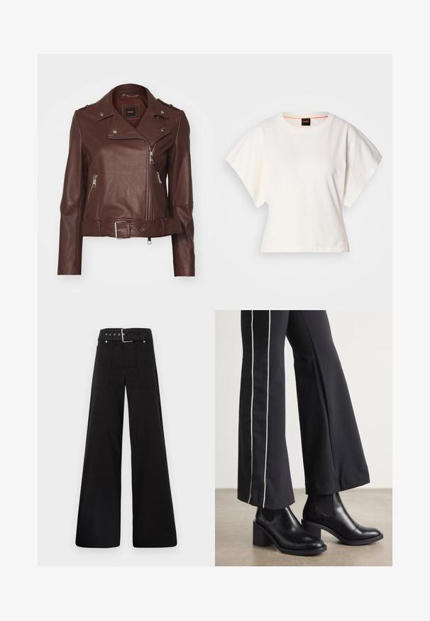 Brun läderbikerjacka med bälte i midjan, sned dragkedja, silverfärgad metall och axelapplikationer. Slät textur, åtsittande design.; Vit kortärmad T-shirt, korta vida ärmar, mjukt bomullsmaterial, rund halsringning med subtila orange detaljer, minimal design, inga mönster eller grafik.; Svarta vida byxor i bomull med hög midja, stora sidofickor och bälte med silverdetaljer.; Svarta läderankelboots med klack, med elastiska sidopaneler. I kombination med svarta byxor som har en vit sidostrip.