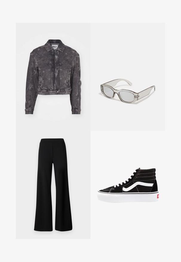 Cropped black denim jacket with star pattern, button closure, and two side pockets. Features a classic collar and visible stitching details.; Two sleeveless tops in black and white, made of ribbed cotton, featuring round necklines and a fitted design. Labels visible on both.; Black wide-leg trousers made from soft, stretchy fabric. Features a smooth, elastic waistband and a clean, unembellished design.; Black high-top sneakers with white laces, a white logo, and contrasting white stitching. Features a thick white sole and textured suede upper.; Gray translucent sunglasses with a rectangular shape, flat lenses, and thick arms. Features a subtle hinge detail on the temples.