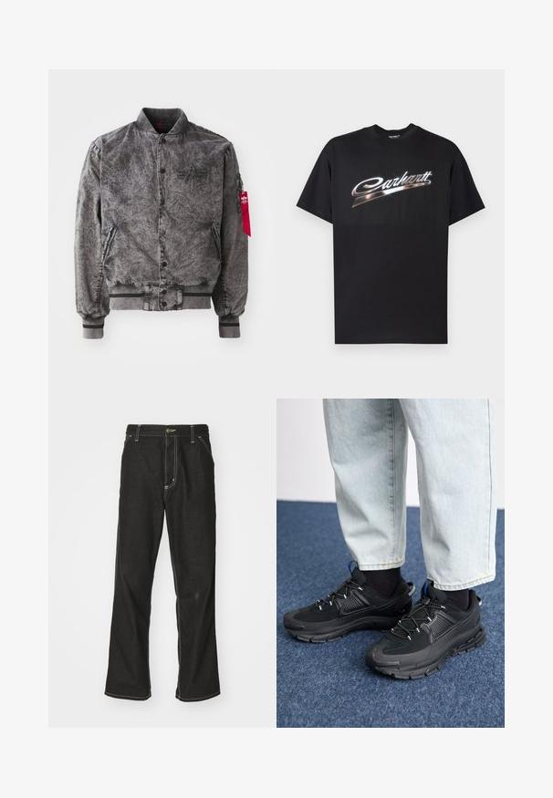 Siva bomber jakna s teksturiranim završetkom, zatvaranjem na dugmad i rebrastim manžetama. Ima bočne džepove i crvenu oznaku kao akcent.; Crna pamučna majica s kratkim rukavima i okruglim izrezom, s sjajnim srebrnim natpisom "Carhartt" u stiliziranom fontu preko prsa.; Crne traperice s opuštenim krojem, s kontrastnim bijelim šavovima, zakovicom za zatvaranje i ravnim nogavicama.; Crne atletske cipele s teksturiranom tkaninom i gumene potplate, s elastičnim vezicama i plavim akcentom na peti. Nosene su s svijetlim trapericama.