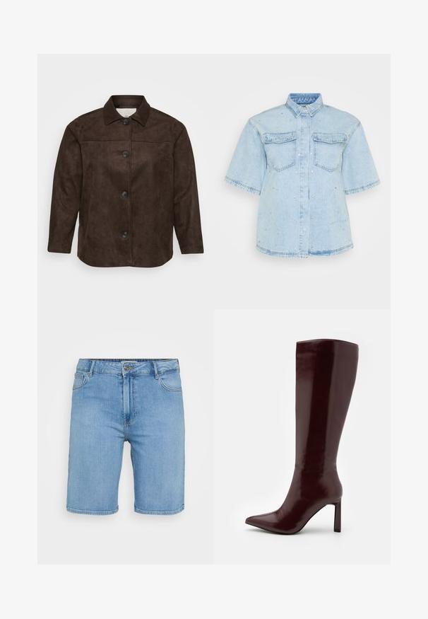 Smeđi antilop jakna s okovratnikom, pet crnih gumba sprijeda i dugim rukavima. Glatka tekstura i kroj prilagođen tijelu.; Svijetloplava traper košulja kratkih rukava, s dvije prednje džepove i ukrašena malim srebrnim zakovicama po cijeloj površini.; Svijetloplave traper kratke hlače klasičnog kroja, s prednjim zatvaranjem na gumb, petljama za remen i dva bočna džepa. Glatka tekstura i ravni rub.; Even&Odd Čizme - dark red