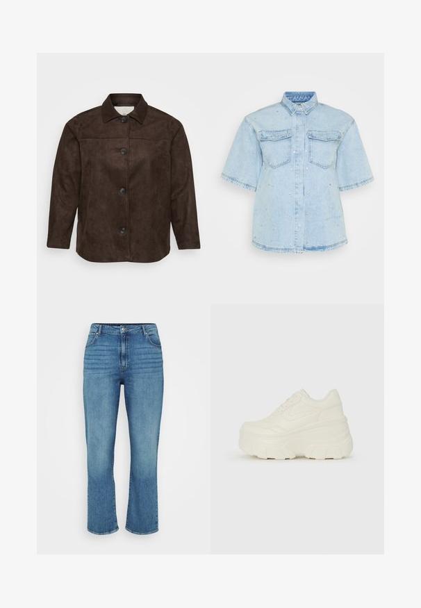 Brown suede jacket with a collared neck, five black buttons down the front, and long sleeves. Smooth texture and tailored fit.; Light blue denim shirt with short sleeves, featuring two front pockets and embellished with small silver studs throughout.; Light blue denim jeans with a straight leg design, featuring five pockets, belt loops, and subtle fading on the front.; White platform sneakers featuring a smooth leather-like upper, rounded shape, padded collar, and textured rubber sole with defined treads.