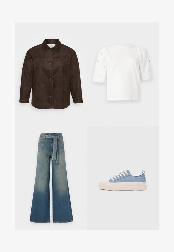 Jachetă din suede maro cu guler, cinci nasturi negri pe față și mâneci lungi. Textură netedă și croi potrivit.; Tricou alb din bumbac cu mâneci scurte tip bufantă, având mici embellisheuri argintii pe mâneci. Decolteu clasic rotund, croială lejeră.; Pantaloni din denim largi, cu un gradient de la albastru deschis la albastru închis, talie înaltă, bucle pentru curea și o curea din același material. Finisaj texturat din denim.; Sneakers din pânză de culoare albastru deschis, cu vârf și talon din cauciuc crem, având șireturi albe și un maner pe călcâi.