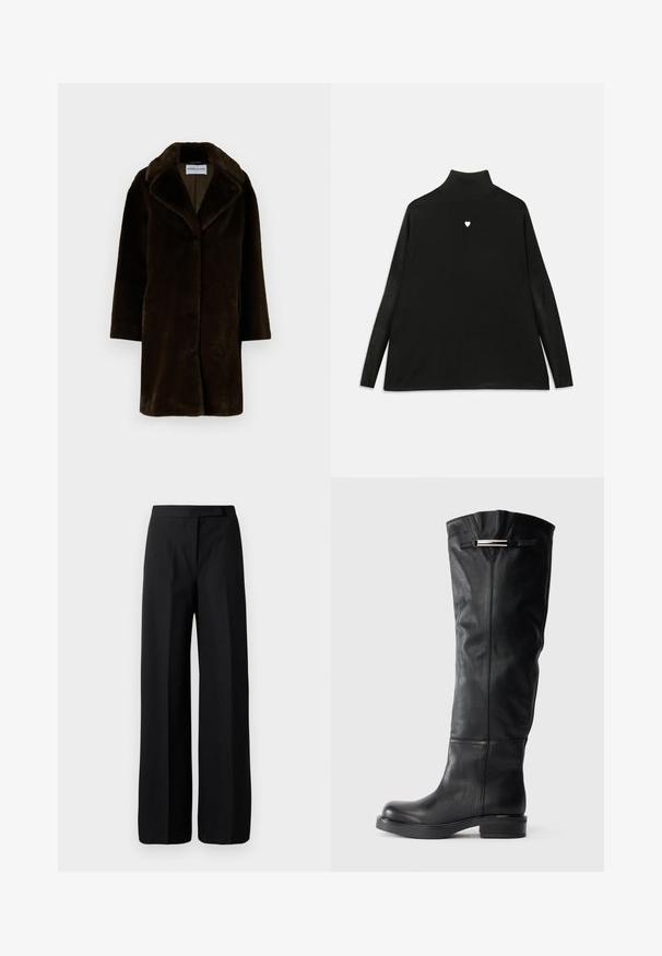 STAND STUDIO CAMILLE COCOON COAT - Žieminis paltas - ash brown; Juodas golfas ilgomis rankovėmis, su mažos baltos širdies emblema ant krūtinės. Minkšta medžiaga ir laisvas siluetas.; Plati juodos kelnės su lygiu, matinį paviršių. Lygus liemuo be matomų detalių ar raštų. Paprastas ir elegantiškas dizainas.; Knee-high juodi odiniai batai su lygiu paviršiumi, apvaliu pirštu ir žemu bloko kulnu. Viršutinėje pusėje yra sidabrinis akcentas.