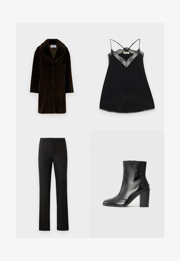 STAND STUDIO CAMILLE COCOON COAT - Zimski plašč - ash brown; Črna majica s tankimi naramnicami, ki se lahko prilagajajo, z čipkastim globokim izrezom in valovitimi robovi. Gladko blago z rahlim leskom.; Črne krojene hlače s ravnim nogavicam, dvema sprednjima žepoma, gumbom za zapiranje in nabranimi detajli spredaj. Gladka tekstura tkanine.; Črne usnjene gležnarske čevlje z gladko teksturo, koničastim nosom in debelim visokim petam. Imajo stransko odprtino in minimalističen dizajn.