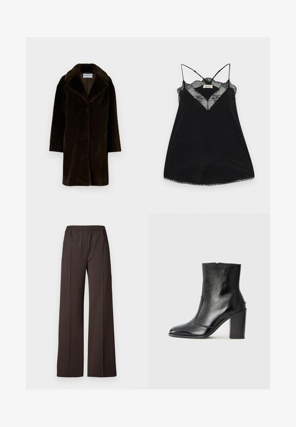 STAND STUDIO CAMILLE COCOON COAT - Cappotto invernale - ash brown; Camisole nera con spalline regolabili, caratterizzata da un scollo a V in pizzo e bordi scallopati. Tessuto morbido con una leggera lucentezza.; Pantaloni a gamba larga in tessuto marrone scuro con vita elastica, caratterizzati da una superficie liscia e linee pulite per un look elegante.; Stivale alla caviglia in pelle nera, con una superficie liscia, punta affilata e tacco alto e massiccio. Presenta una apertura laterale e un design minimalista.