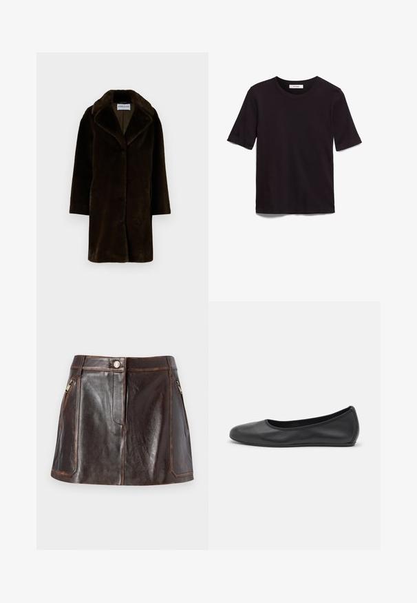 STAND STUDIO CAMILLE COCOON COAT - Talvemantel - ash brown; Must ja lühikeste varrukatega T-särk, mis on valmistatud pehmest puuvillast. Särgil on ümmargune kaelus ja sile, ühtlane tekstuur koos minimaalsete disainielementidega.; Pruun nahast miniseelik, millel on stiilne disain, kaks lukuga küljetaskut ja kontrastsed õmblused servade äärtes.; Musthave mustika tantsutossud mustast nahast, ümmarguse varbaga, siledast tekstuurist, minimaalse õmblusdetailiga ja paindliku tallakujundusega.