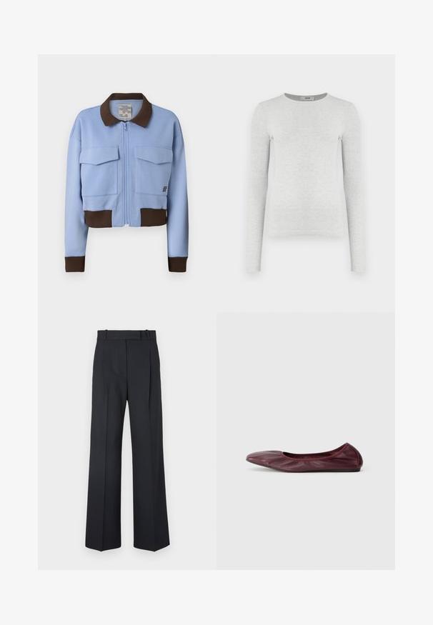 Lyseblå cropped jakke med en brun ribbeformet krage og mansjetter, frontlås med glidelås og to brystlommer. Glatt stoff med en uformell design.; Langermet grå ribbestrikket topp med rund hals, tettsittende silhuett, glatt tekstur, uten synlige logoer eller utsmykkinger.; Mørkeblå stripete bukser med høy midje, vid bendesign, og uten synlige detaljer eller utsmykninger. Glatt tekstur og skreddersydd passform.; Balletsko i dyp burgunder lær, med avrundet tå, elastisk kant og glatt tekstur med subtile folder.