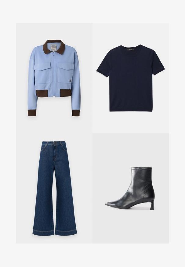 Hele sinine lühendatud jakk pruunide soonikkraede ja -mansettidega, ees lukuga kinnitamine ja kaks rinnataskut. Sile kangas ja juhuslik disain.; Tumesinine lühikese varrukaga T-särk, valmistatud pehmest kangast, ümarate krae ja soonikservadega, sile tekstuur ja ilma nähtavate mustriteta.; Laia siniste denim pükste suur jalg, kõrge vöökoht, nupuga kinnitamine, vöökohad ja peened õmblusdetailid taskute ja äärte ääres.; Mustad mustall nahkasaabas terava nina ja stiilse disainiga. Omab madalat konts ja luku sulgemist taga. Sile tekstuur.