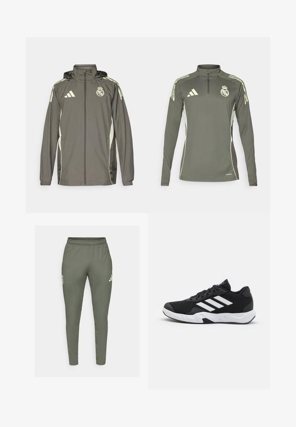 Šedá vodotěsná bunda s kapucí, s výraznými světle zelenými detaily, zapínání na zip a vyšitým logem. Obsahuje boční kapsy a elastické manžety.; Tmavě zelený dlouhý rukáv top s polovičním zipem na límci, světlezelenými pruhy na ramenou a vyšitým logem klubu, vyrobený z lehkého materiálu.; Olivově zelené sportovní kalhoty s úzkým střihem, elastickým pasem a bočními kapsami. Na levém stehně se nachází logo a kontrastní detaily.; Černé sportovní boty s texturovaným síťovaným svrškem, bílými akcentními pruhy, polstrovanou podrážkou a vyztuženým patem pro podporu.