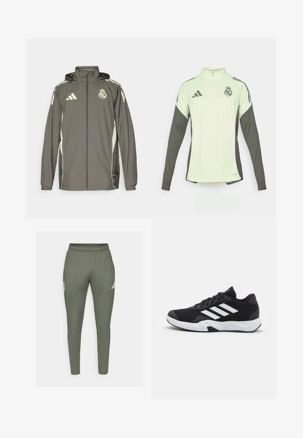 Gray waterproof jacket with a hood, light green accents, zip closure, and embroidered logo. Features side pockets and elastic cuffs.; Light green long-sleeve jersey with dark gray accents, half-zip neckline, and Real Madrid logo. Made from breathable fabric.; Olive green track pants with a slim fit, elastic waistband, and side pockets. Features a logo on the left thigh and contrasting accents.; Black athletic shoes with a textured mesh upper, white accent stripes, a cushioned sole, and a reinforced heel for support.