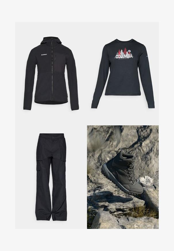 Jachetă din fleece cu glugă neagră, cu fermoar frontal, având un buzunar pe piept și o textură fină. Logo-ul brandului este prezentat în partea stângă sus.; Cămașă cu mâneci lungi de culoare gri închis, cu un grafic de copaci roșii și munți; logo-ul "COLUMBIA" în text alb îngroșat. Material moale, guler standard de tip crew.; Columbia BREA FALLS™ COTTON RIPSTOP PANT - Pantaloni outdoor - black; Gheata de drumeție de culoare gri închis, realizată din material sintetic, având un guler căptușit, ochiuri metalice și o talpă din cauciuc texturat pentru aderență.