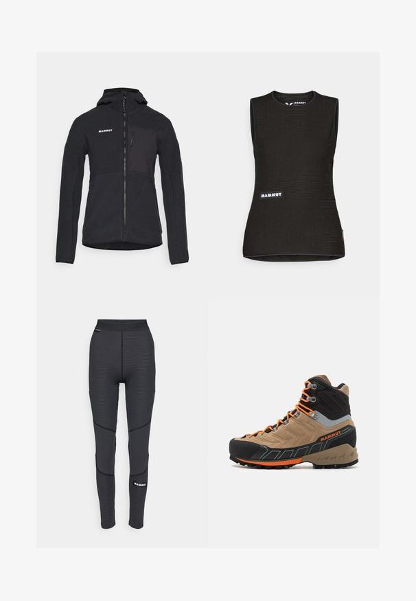 Czarna polarowa kurtka z kapturem, z zamkiem z przodu, z kieszenią na piersi i gładką fakturą. Logo marki umieszczone po lewej stronie u góry.; Czarny bezrękawnik z teksturowanym wzorem, z okrągłym dekoltem i logo "MAMMUT" z przodu. Wykonany z materiału oddychającego.; Czarne legginsy sportowe z teksturowanymi panelami i wzmocnionymi szwami, z logo marki i szerokim, elastycznym paskiem w talii.; Beżowe i czarne wysokie buty trekkingowe z pomarańczowymi sznurowadłami, gumową osłoną palców, teksturowaną cholewką i wytrzymałą podeszwą. Posiada wzmacniane wsparcie kostki.